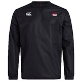 The Guilford College Club Vaposhield Contact Top by EMB Canterbury is a black long-sleeve top with club and brand logos on the chest, featuring Vaposhield technology for water repellency.