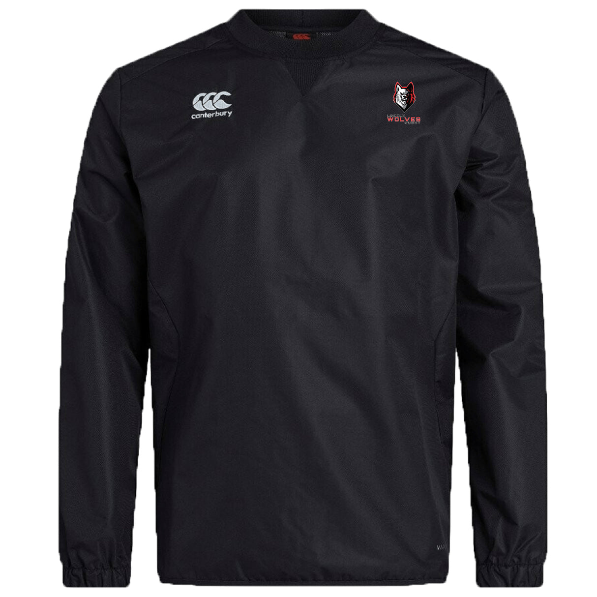 The Lincoln Wolves Club Vaposhield Contact Top by EMB Canterbury is a black long-sleeve crew neck with club and brand logos, simple design, and durable Vaposhield tech—ideal for rugby apparel fans.