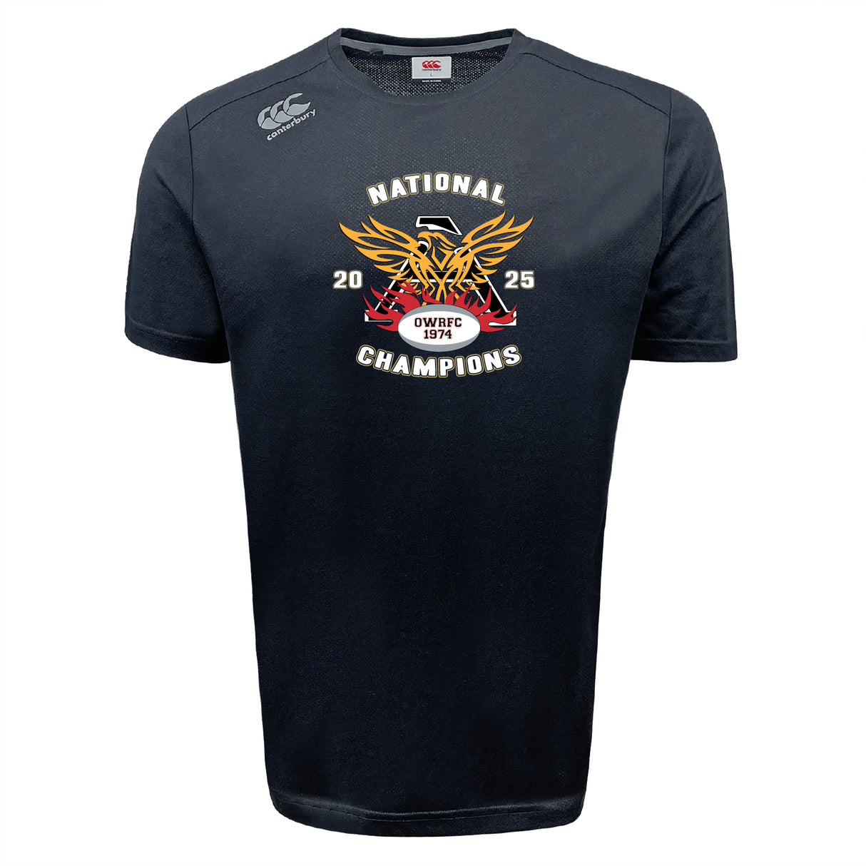 The WRS Canterbury Atlanta Old White Rugby Champs Tempo Vapodri T-Shirt features a gold and red phoenix, “NATIONAL CHAMPIONS 2025,” “OWRFC 1974” on the chest, plus moisture-wicking fabric and a white Canterbury logo on the right shoulder.