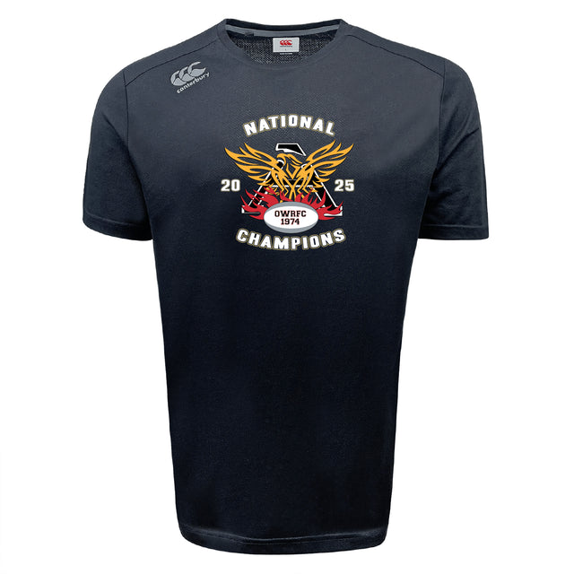 The WRS Canterbury Atlanta Old White Rugby Champs Tempo Vapodri T-Shirt features a gold and red phoenix, “NATIONAL CHAMPIONS 2025,” “OWRFC 1974” on the chest, plus moisture-wicking fabric and a white Canterbury logo on the right shoulder.