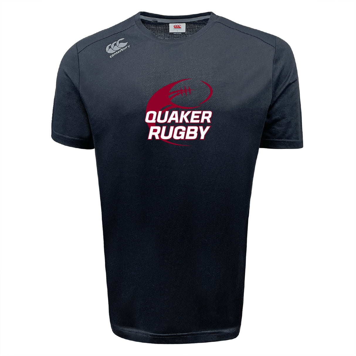 The Guilford College Tempo Vapodri T-Shirt by WRS Canterbury is a black moisture-wicking tee featuring “Quaker Rugby” and a maroon rugby ball graphic on the chest, plus a white Canterbury logo on the right shoulder.