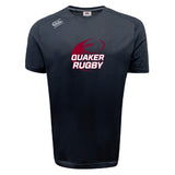 The Guilford College Tempo Vapodri T-Shirt by WRS Canterbury is a black moisture-wicking tee featuring “Quaker Rugby” and a maroon rugby ball graphic on the chest, plus a white Canterbury logo on the right shoulder.