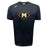 The Monarch Rugby Club Tempo Vapodri T-Shirt by WRS Canterbury is a black short-sleeve athletic tee with moisture-wicking, featuring a gold and white "Monarch Rugby" logo with a large "M" and a small Canterbury logo on the right shoulder.