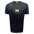 The Monarch Rugby Club Tempo Vapodri T-Shirt by WRS Canterbury is a black short-sleeve athletic tee with moisture-wicking, featuring a gold and white "Monarch Rugby" logo with a large "M" and a small Canterbury logo on the right shoulder.