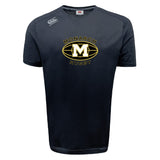 The Monarch Rugby Club Tempo Vapodri T-Shirt by WRS Canterbury is a black short-sleeve athletic tee with moisture-wicking, featuring a gold and white "Monarch Rugby" logo with a large "M" and a small Canterbury logo on the right shoulder.