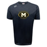 The Monarch Rugby Club Tempo Vapodri T-Shirt by WRS Canterbury is a black short-sleeve athletic tee with moisture-wicking, featuring a gold and white "Monarch Rugby" logo with a large "M" and a small Canterbury logo on the right shoulder.