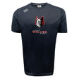 The Lincoln Wolves Tempo Vapodri T-Shirt by WRS Canterbury is a black short-sleeve athletic tee with a stylized wolf head and "Lincoln Wolves Rugby" on the chest, plus the brand logo on the right shoulder for comfort and style.