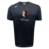 The Lincoln Wolves Tempo Vapodri T-Shirt by WRS Canterbury is a black short-sleeve athletic tee with a stylized wolf head and "Lincoln Wolves Rugby" on the chest, plus the brand logo on the right shoulder for comfort and style.