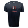 The Lincoln Wolves Tempo Vapodri T-Shirt by WRS Canterbury is a black short-sleeve athletic tee with a stylized wolf head and "Lincoln Wolves Rugby" on the chest, plus the brand logo on the right shoulder for comfort and style.
