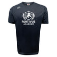 The Fortivus Academy Tempo Vapodri T-Shirt by WRS Canterbury is a black short-sleeve sports tee with a white lion crest and "Fortivus Academy" on the chest, plus a Canterbury logo. Moisture-wicking design for athletic performance.