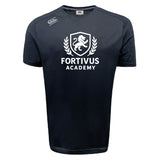 The Fortivus Academy Tempo Vapodri T-Shirt by WRS Canterbury is a black short-sleeve sports tee with a white lion crest and "Fortivus Academy" on the chest, plus a Canterbury logo. Moisture-wicking design for athletic performance.