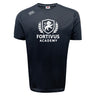 The Fortivus Academy Tempo Vapodri T-Shirt by WRS Canterbury is a black short-sleeve sports tee with a white lion crest and "Fortivus Academy" on the chest, plus a Canterbury logo. Moisture-wicking design for athletic performance.