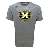 The Monarch Rugby Club Tempo Vapodri T-Shirt by WRS Canterbury is a grey short-sleeve tee with a black and gold "Monarch Rugby" logo and large "M" on the chest, designed for top moisture wicking and athletic performance.