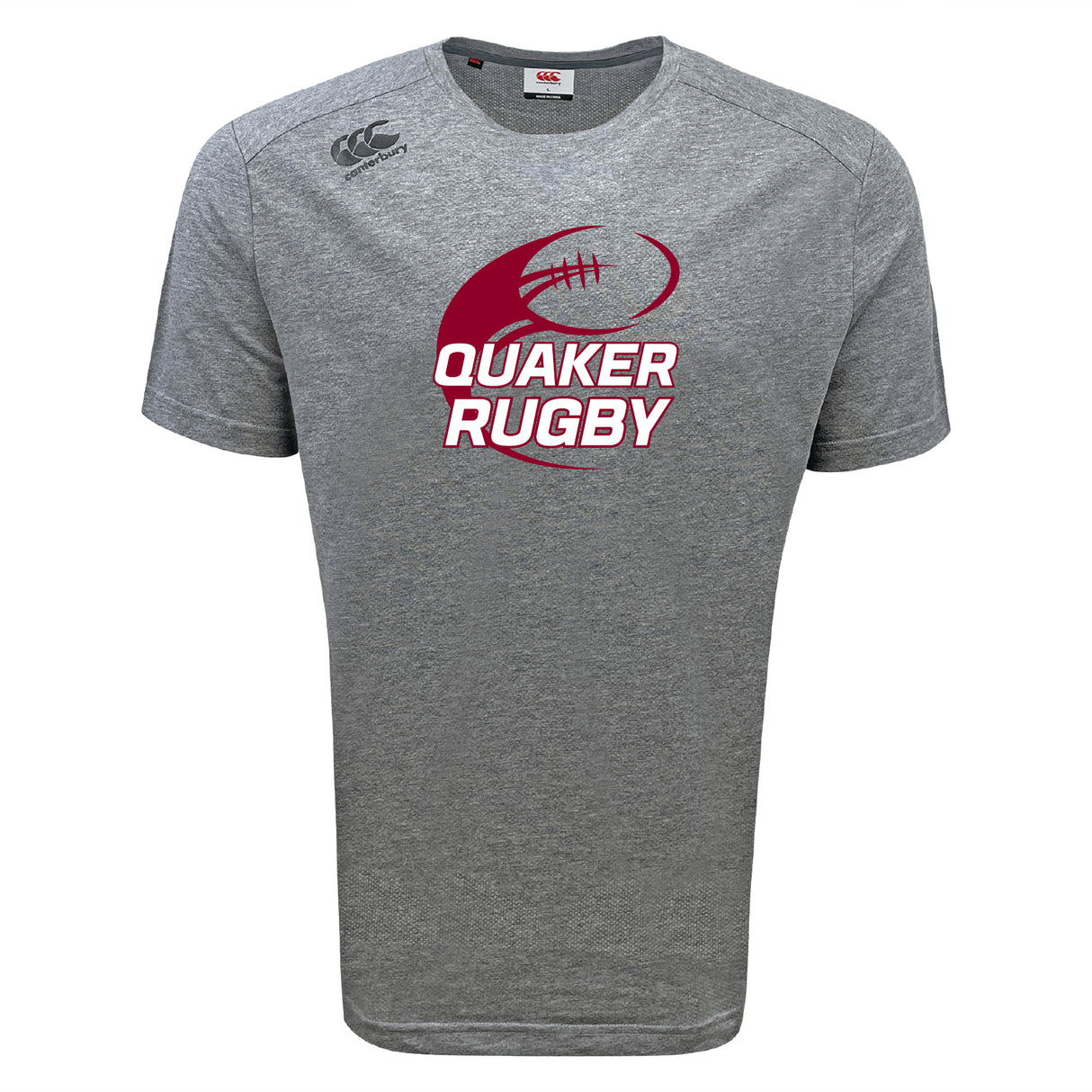 The Guilford College Tempo Vapodri T-Shirt by WRS Canterbury is a gray short-sleeve athletic tee with "Quaker Rugby" in bold maroon and white letters and a rugby ball graphic on the front.