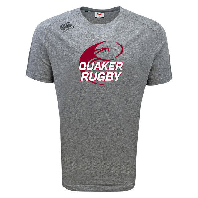 The Guilford College Tempo Vapodri T-Shirt by WRS Canterbury is a gray short-sleeve athletic tee with "Quaker Rugby" in bold maroon and white letters and a rugby ball graphic on the front.