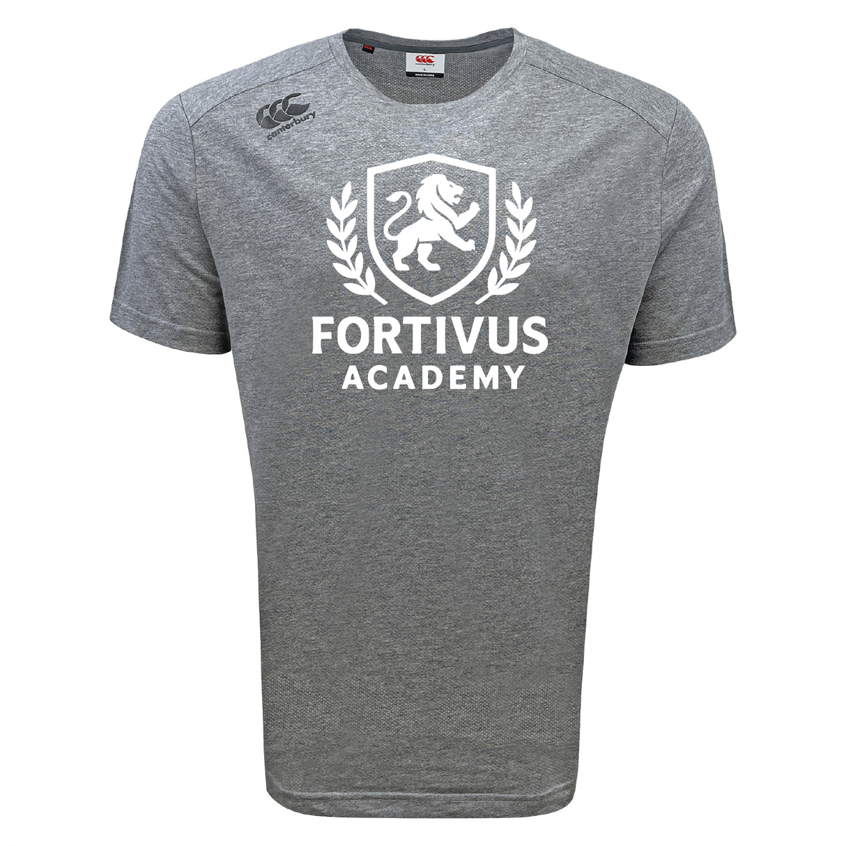 The Fortivus Academy Tempo Vapodri T-Shirt by WRS Canterbury is a gray short-sleeved, moisture-wicking sports tee featuring "Fortivus Academy" and a white lion crest on the front.