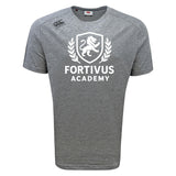 The Fortivus Academy Tempo Vapodri T-Shirt by WRS Canterbury is a gray short-sleeved, moisture-wicking sports tee featuring "Fortivus Academy" and a white lion crest on the front.