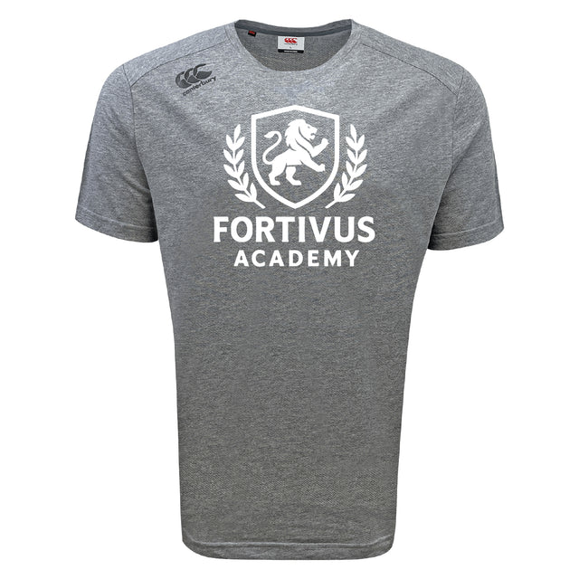 The Fortivus Academy Tempo Vapodri T-Shirt by WRS Canterbury is a gray short-sleeved, moisture-wicking sports tee featuring "Fortivus Academy" and a white lion crest on the front.