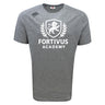 The Fortivus Academy Tempo Vapodri T-Shirt by WRS Canterbury is a gray short-sleeved, moisture-wicking sports tee featuring "Fortivus Academy" and a white lion crest on the front.