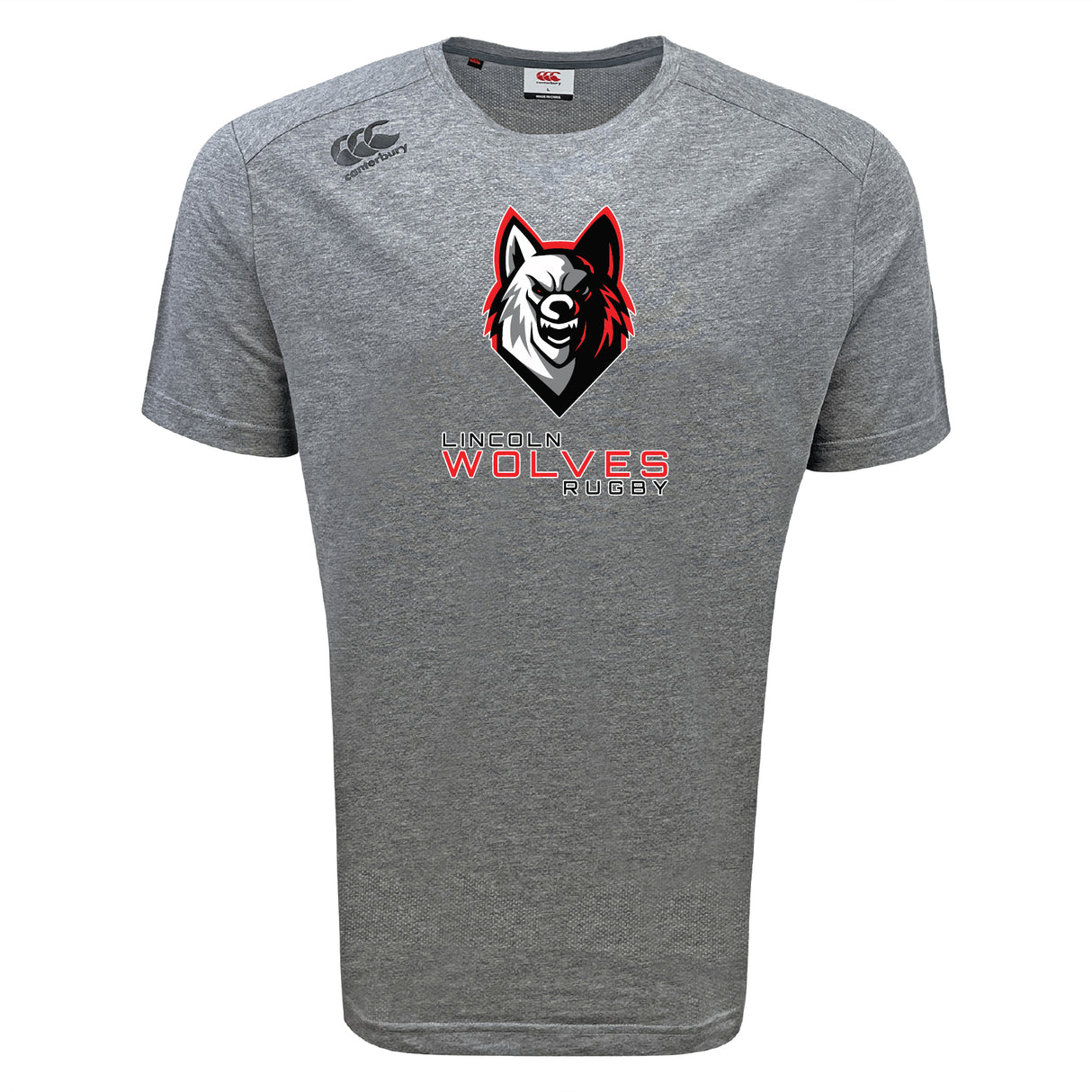 The Lincoln Wolves Tempo Vapodri T-Shirt by WRS Canterbury is a gray short-sleeve athletic tee with a wolf head logo and "Lincoln Wolves Rugby" on the front, plus a small Canterbury logo on the right shoulder for comfort and style.