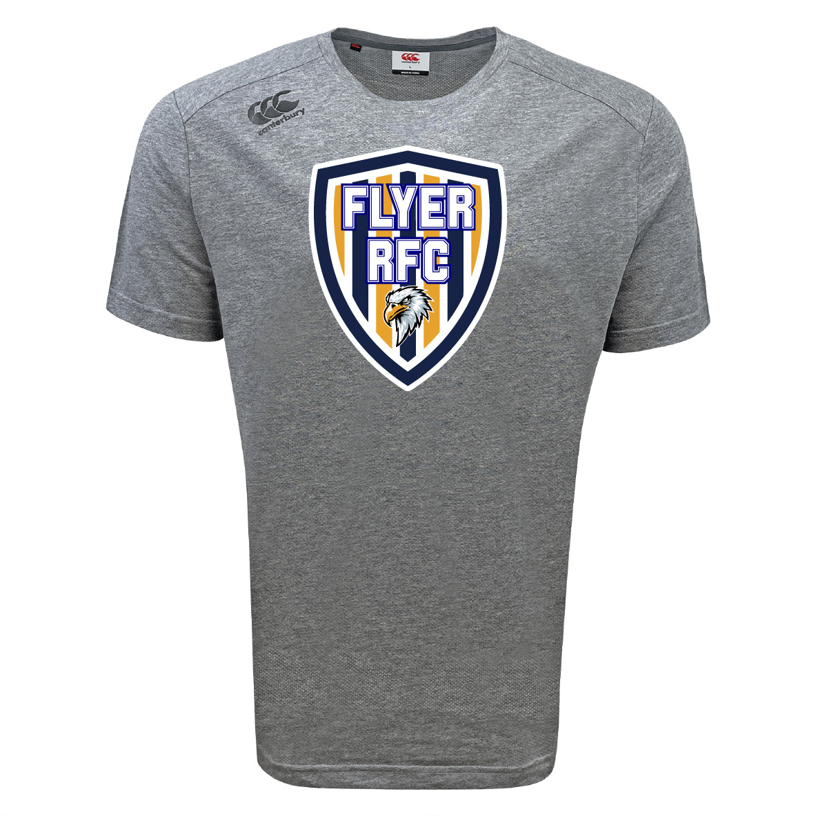 The Franklin County High School Rugby Tempo Vapodri T-Shirt by WRS Canterbury is a grey, short-sleeve tee with a bold “FLYER RFC” eagle logo, designed for athletic performance and all-day comfort with moisture-wicking fabric.