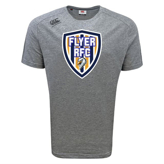 The Franklin County High School Rugby Tempo Vapodri T-Shirt by WRS Canterbury is a grey, short-sleeve tee with a bold “FLYER RFC” eagle logo, designed for athletic performance and all-day comfort with moisture-wicking fabric.