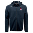 The Guilford College Tempo Vapodri Full-Zip Hoodie by EMB Canterbury is a black hoodie with a hood, featuring the Canterbury logo on the right shoulder and "Quaker Rugby" with a rugby ball graphic on the left chest.