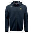The Monarch Rugby Club Tempo Vapodri Full-Zip Hoodie by EMB Canterbury features a black design with a gold and black "M" chest emblem, white Canterbury logo on the right shoulder, and moisture-wicking fabric for all-day comfort.