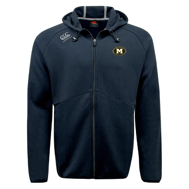 The Monarch Rugby Club Tempo Vapodri Full-Zip Hoodie by EMB Canterbury features a black design with a gold and black "M" chest emblem, white Canterbury logo on the right shoulder, and moisture-wicking fabric for all-day comfort.