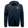The Atlanta Old White Rugby Champs Tempo Vapodri Full-Zip Hoodie by EMB Canterbury is a navy blue zip-up hoodie with a hood, drawstrings, two front pockets, and embroidered logos. Made from moisture-wicking fabric for all-day comfort.