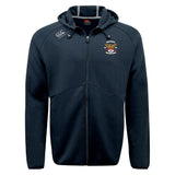 The Atlanta Old White Rugby Champs Tempo Vapodri Full-Zip Hoodie by EMB Canterbury is a navy blue zip-up hoodie with a hood, drawstrings, two front pockets, and embroidered logos. Made from moisture-wicking fabric for all-day comfort.