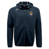 The Atlanta Old White Rugby Champs Tempo Vapodri Full-Zip Hoodie by EMB Canterbury is a navy blue zip-up hoodie with a hood, drawstrings, two front pockets, and embroidered logos. Made from moisture-wicking fabric for all-day comfort.