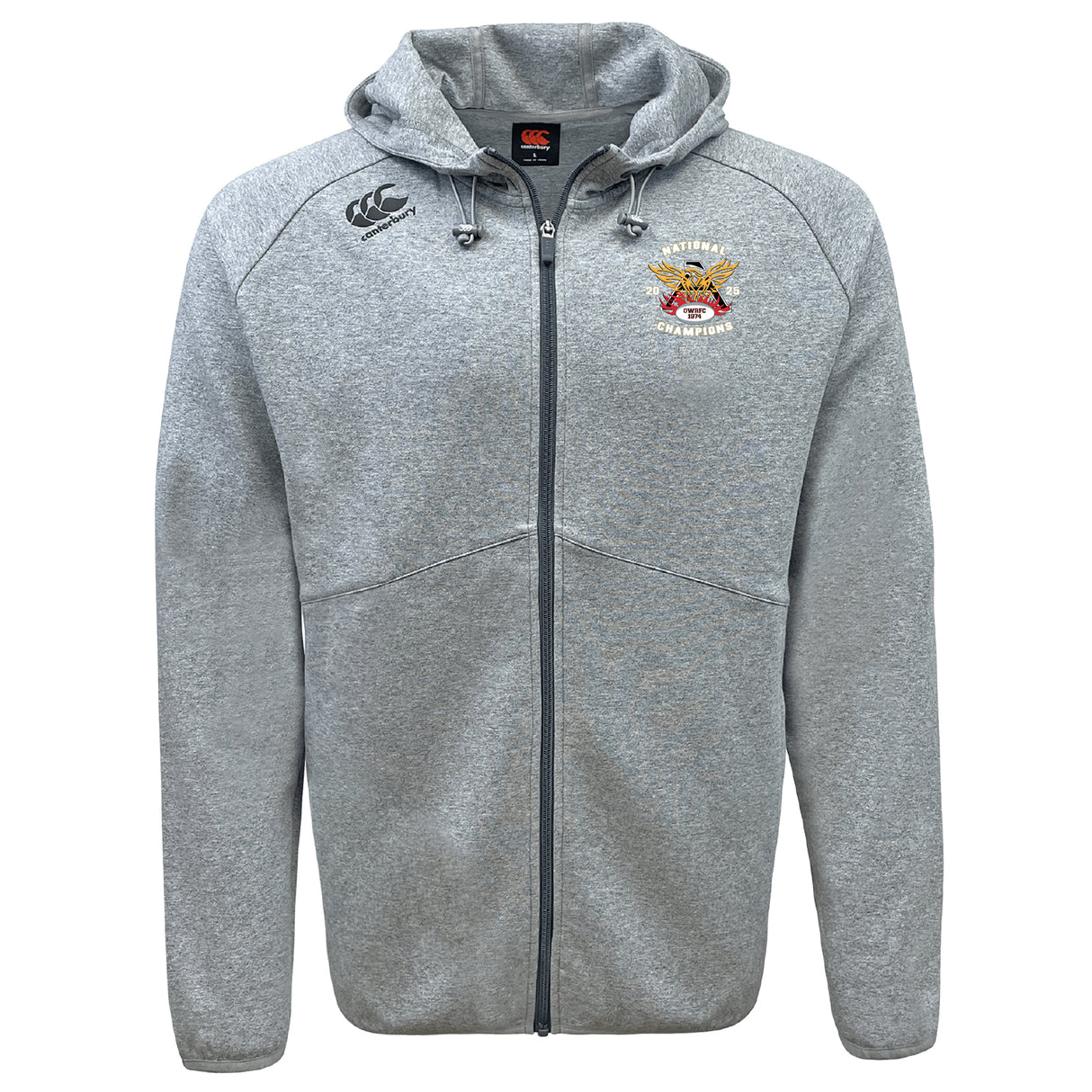 The Atlanta Old White Rugby Champs Tempo Vapodri Full-Zip Hoodie by EMB Canterbury features light gray moisture-wicking fabric, pockets, a drawstring hood, and team logos on the left chest and right shoulder for comfort and style.
