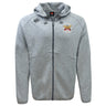 The Atlanta Old White Rugby Champs Tempo Vapodri Full-Zip Hoodie by EMB Canterbury features light gray moisture-wicking fabric, pockets, a drawstring hood, and team logos on the left chest and right shoulder for comfort and style.