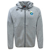 The Las Colinas Rugby Tempo Vapodri Full-Zip Hoodie by EMB Canterbury is a light gray, moisture-wicking hoodie with a hood, drawstrings, and two embroidered chest logos—a crest and a stylized design.