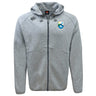 The Las Colinas Rugby Tempo Vapodri Full-Zip Hoodie by EMB Canterbury is a light gray, moisture-wicking hoodie with a hood, drawstrings, and two embroidered chest logos—a crest and a stylized design.