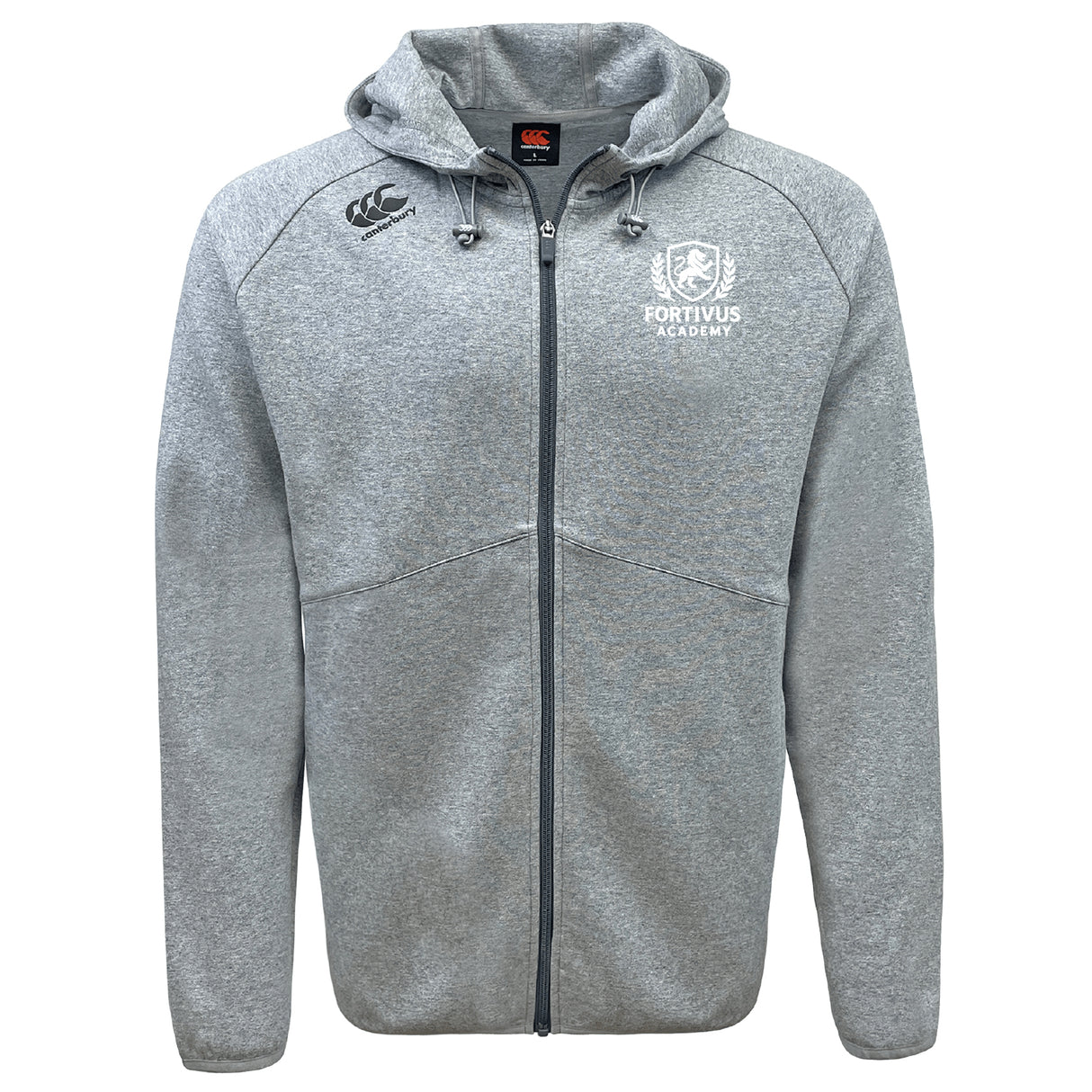 The EMB Canterbury Fortivus Academy Tempo Vapodri Full-Zip Hoodie features a light grey design with hood, drawstrings, and chest logos for Canterbury and Fortivus Academy, offering a modern look with moisture-wicking comfort.