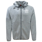 The EMB Canterbury Fortivus Academy Tempo Vapodri Full-Zip Hoodie features a light grey design with hood, drawstrings, and chest logos for Canterbury and Fortivus Academy, offering a modern look with moisture-wicking comfort.