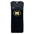 The Monarch Rugby Club Tempo Vapodri Singlet by WRS Canterbury is a navy sleeveless jersey made from recycled polyester, featuring the Monarch Rugby logo and a bold "M" on the front.