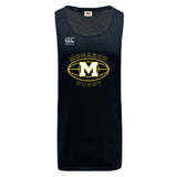 The Monarch Rugby Club Tempo Vapodri Singlet by WRS Canterbury is a navy sleeveless jersey made from recycled polyester, featuring the Monarch Rugby logo and a bold "M" on the front.