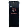 The Lincoln Wolves Tempo Vapodri Singlet by WRS Canterbury is a black singlet with a Canterbury logo and Lincoln Wolves Rugby wolf emblem, made from recycled polyester and VapoDri tech for comfort.