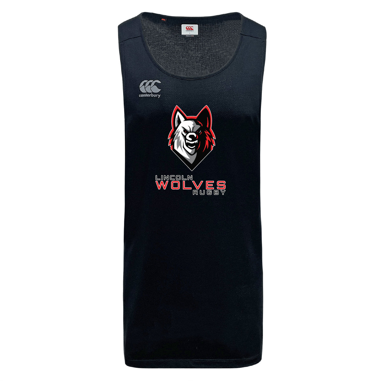 The Lincoln Wolves Tempo Vapodri Singlet by WRS Canterbury is a black singlet with a Canterbury logo and Lincoln Wolves Rugby wolf emblem, made from recycled polyester and VapoDri tech for comfort.