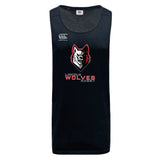 The Lincoln Wolves Tempo Vapodri Singlet by WRS Canterbury is a black singlet with a Canterbury logo and Lincoln Wolves Rugby wolf emblem, made from recycled polyester and VapoDri tech for comfort.