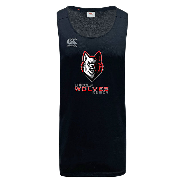 The Lincoln Wolves Tempo Vapodri Singlet by WRS Canterbury is a black singlet with a Canterbury logo and Lincoln Wolves Rugby wolf emblem, made from recycled polyester and VapoDri tech for comfort.