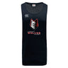 The Lincoln Wolves Tempo Vapodri Singlet by WRS Canterbury is a black singlet with a Canterbury logo and Lincoln Wolves Rugby wolf emblem, made from recycled polyester and VapoDri tech for comfort.