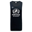 The Fortivus Academy Tempo Vapodri Singlet by WRS Canterbury is a black sleeveless athletic shirt featuring VapoDri tech, the Canterbury logo, and a white Fortivus Academy lion crest on the front.