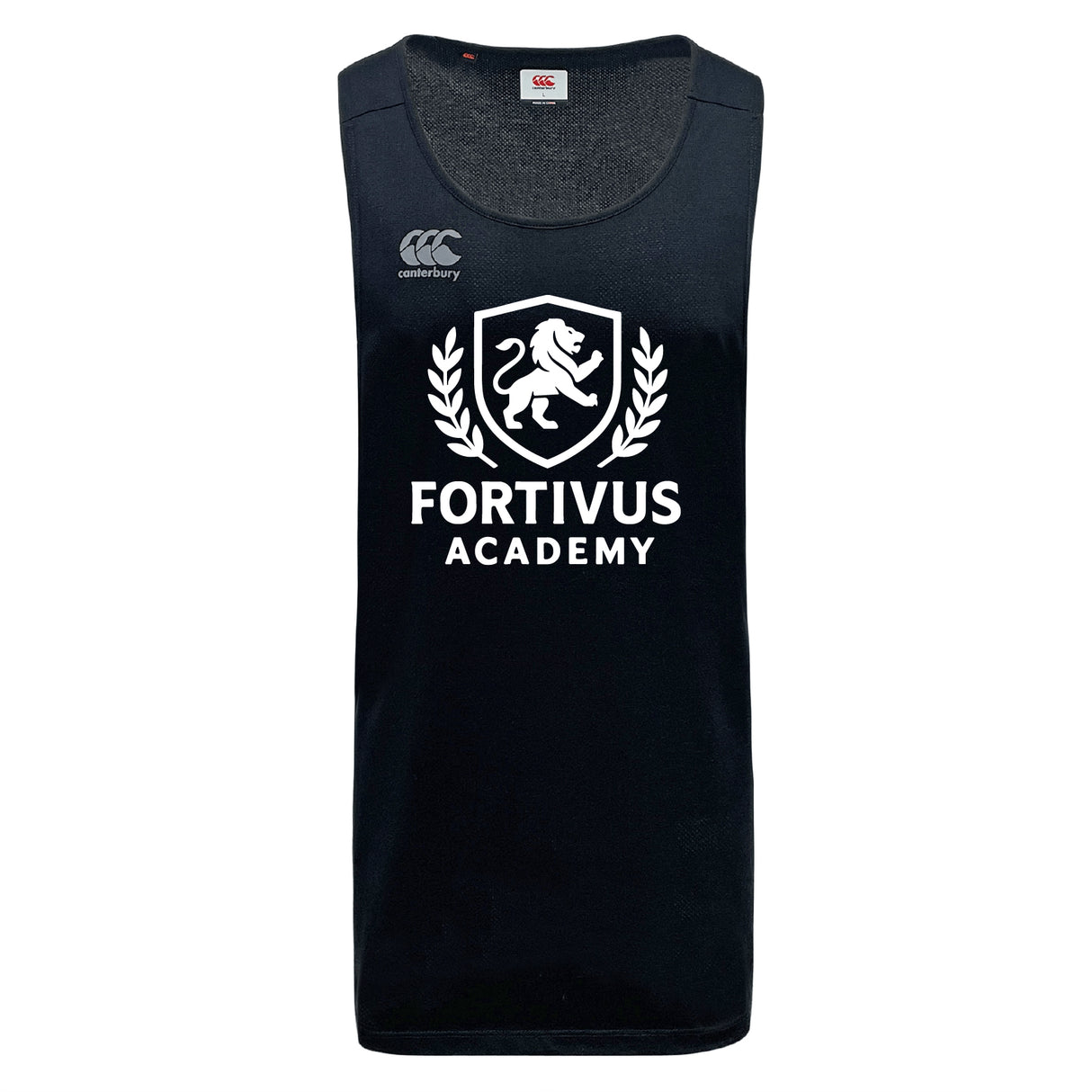 The Fortivus Academy Tempo Vapodri Singlet by WRS Canterbury is a black sleeveless athletic shirt featuring VapoDri tech, the Canterbury logo, and a white Fortivus Academy lion crest on the front.