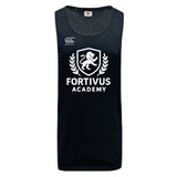 The Fortivus Academy Tempo Vapodri Singlet by WRS Canterbury is a black sleeveless athletic shirt featuring VapoDri tech, the Canterbury logo, and a white Fortivus Academy lion crest on the front.