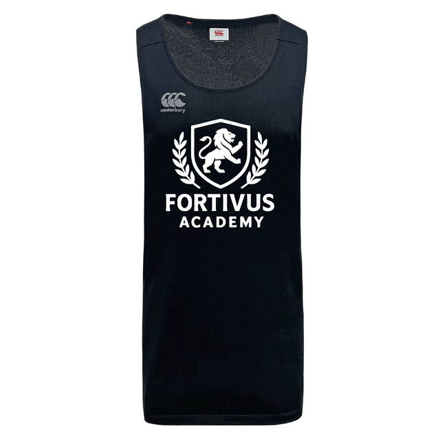 The Fortivus Academy Tempo Vapodri Singlet by WRS Canterbury is a black sleeveless athletic shirt featuring VapoDri tech, the Canterbury logo, and a white Fortivus Academy lion crest on the front.