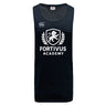 The Fortivus Academy Tempo Vapodri Singlet by WRS Canterbury is a black sleeveless athletic shirt featuring VapoDri tech, the Canterbury logo, and a white Fortivus Academy lion crest on the front.